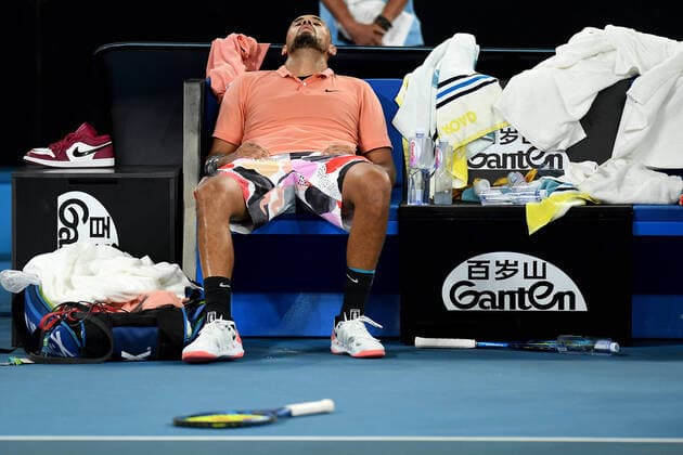 AUSTRALIAN OPEN DAY 6, Nick Kyrgios of Australia sits prior to playing a fifth set tie break during his third round match against Karen Kachanov of Russia on day six of the Australian Open tennis tournament at Melbourne Arena in Melbourne, Saturday, January 25, 2020.( NO ARCHIVING, EDITORIAL USE ONLY, NO USE IN BOOKS WITHOUT CONSENT MELBOURNE VIC AUSTRALIA  Copyright: xLUKASxCOCHx 20200125001444428181
