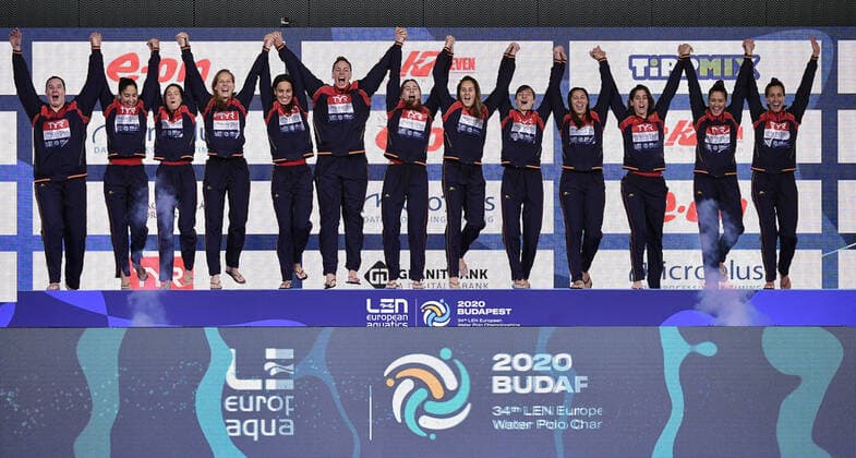 SPAIN ESP Gold Medal RUSSIA RUS Silver Medal HUNGARY HUN Bronze Medal Budapest 25 01 2020 Duna Arena Women Medal Ceremony XXXIV LEN European Water polo, Wasserball Championships 2020 Photo © Andrea Staccioli Deepbluemedia Insidefoto andreaxstaccioli