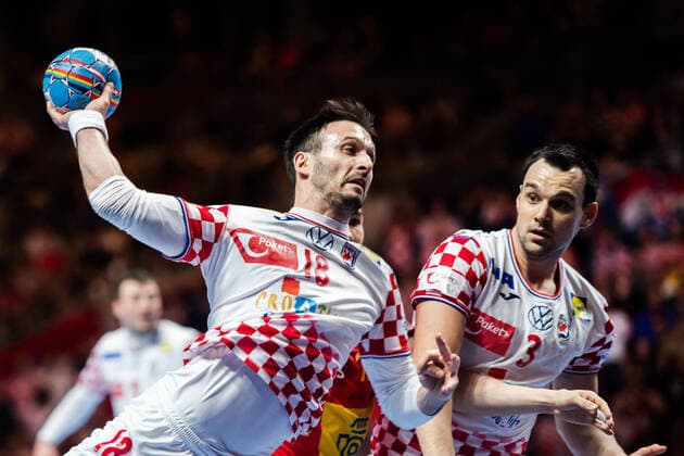 200126 Igor Karacic and Marino Maric of Croatia during the EHF European Handball Championship final between Spain and Croatia on January 26, 2020 in Stockholm,  Copyright: JOHANNAxLUNDBERG BB200126JL012