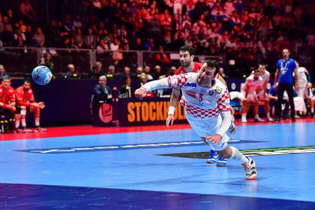 Handball European Championship Final, 26 01 2020, Spain Croatia, Tele2 Arena, Stockholm Domagoj Duvnjak Croatia, 5 Seven-meter action throw goal throw, 26 01 2020, Stockholm Sweden, Handball, EM 2020, Final, Croatia Spain xshx
