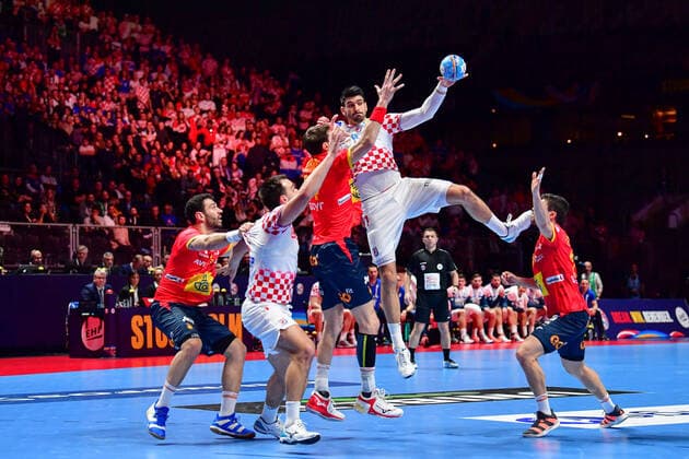 Handball European Championship Final, 26 01 2020, Spain Croatia, Tele2 Arena, Stockholm Luka Stepancic Croatia, 7 at the jump shot Action Goal Throw Emotions, 26 01 2020, Stockholm Sweden, Handball, EM 2020, Final, Croatia Spain xshx