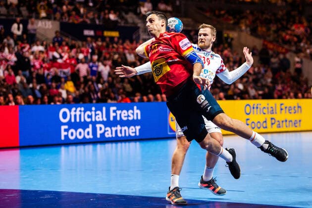 200126 AdriÃ Figueras Trejo of Spain and David Mandic of Croatia during the EHF European Handball Championship final between Spain and Croatia on January 26, 2020 in Stockholm,  Copyright: JESPERxZERMAN BB200126JZ024