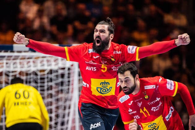 200126 Jorge Maqueda Peno of Spain celebrates during the EHF European Handball Championship final between Spain and Croatia on January 26, 2020 in Stockholm,  Copyright: JOHANNAxLUNDBERG BB200126JL020