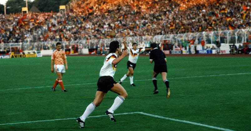 Germany Netherlands Germany, Hamburg, 21 06 1988, football, UEFA Euro 1988 in Germany, semi-finals, Germany Netherlands 1 2 Lothar Matthaeus Germany Cheers Penalty 1 0 Matthaeus