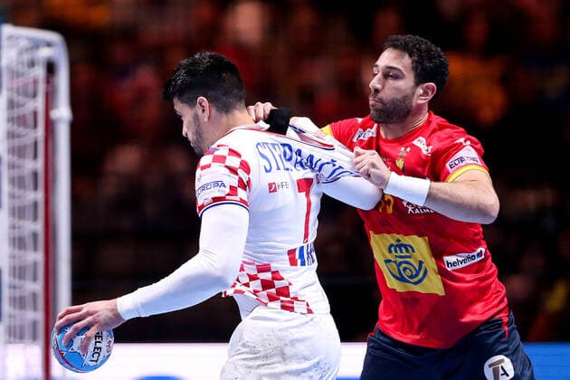 Spain v Croatia - Final - Men s EHF EURO 2020 Luka Stepancic of Croatia challenges Iosu Goni Leoz of Spain during the Men s EHF EURO 2020 final match between Spain and Croatia at Tele2 Arena in Stockholm, Sweden on January 26, 2020. Photo by Luka Stanzl PIXSELL LukaxStanzl PIXSELL
