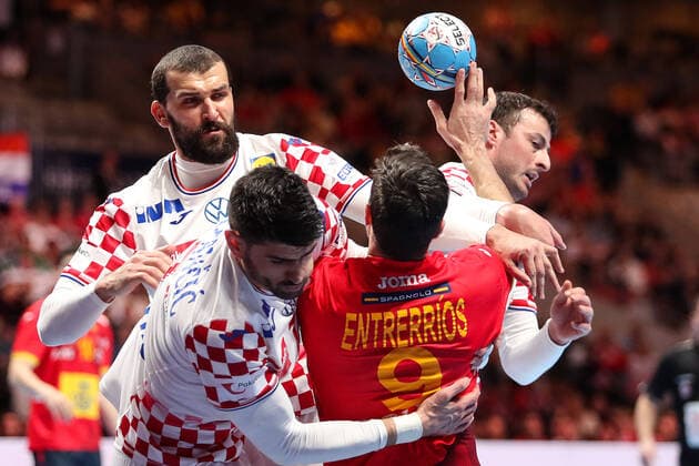 Spain v Croatia - Final - Men s EHF EURO 2020 Raul Entrerrios Rodriguez of Spain challenges Luka Stepancic and Zeljko Musa of Croatia during the Men s EHF EURO 2020 final match between Spain and Croatia at Tele2 Arena in Stockholm, Sweden on January 26, 2020. Photo by Luka Stanzl PIXSELL LukaxStanzl PIXSELL