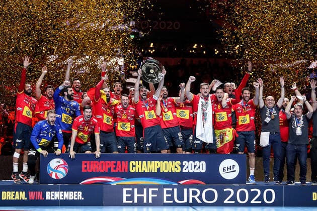 Spain v Croatia Final Men s EHF EURO 2020 Players of gold medallist National team of Spain pose on the podium during medal ceremony after the Men s EHF EURO 2020 final match between Spain and Croatia at Tele2 Arena in Stockholm, Sweden on January 26, 2020 nordphoto nph00017