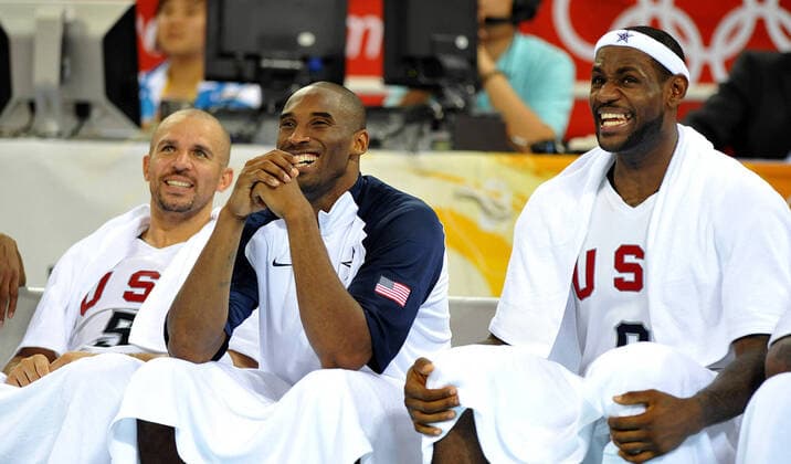 August 20, 2008, Beijing, CHN: Jason Kidd, left, Kobe Bryant, center, and LeBron James of the United States share a laugh on the bench during a game Australia on Wednesday, August 20, 2008, in the Games of the XXIX Olympiad in Beijing, China. Kobe Bryant - ZUMAm67_ 20080820_zaf_m67_003 Copyright: xJoexRimkusxJrx