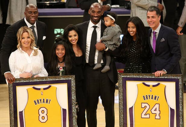 January 26, 2020, Los Angeles, California, USA: Former Los Angeles Lakers player Kobe Bryant died in a Helicopter crash on Sunday, January 26, 2020 in Calabasas, California. He was 41. FILE PHOTO: Kobe Bryant poses with his family along with Earvin Magic Johnson, Jeanie Buss and Lakers GM Rob Pelinka as the Lakers retire Kobe s numbers 8 and 24 on a night when the host Los Angeles Lakers fall to the visiting Golden State Warriors 116-114 on Monday, December 18, 2017 at the Staples Center in Los Angeles, California. BURT HARRIS PI Kobe Bryant Dies In Helicopter Crash - ZUMAp124 96447169st Copyright: xBurtxHarrisx