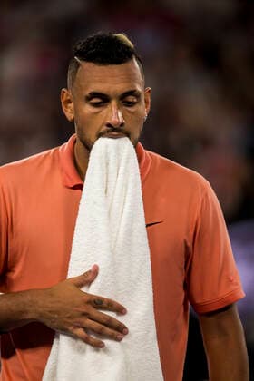 MELBOURNE, VIC - JANUARY 27: Nick Kyrgios of Australia in action during the fourth round of the 2020 Australian Open on January 27 2020, at Melbourne Park in Melbourne, Australia. (Photo by Jason Heidrich Icon Sportswire) TENNIS: JAN 27 Australian Open Icon2001271818