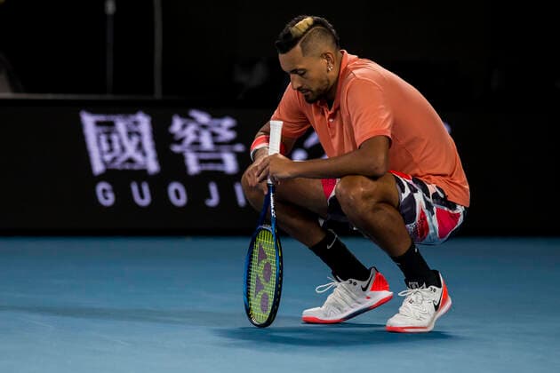 MELBOURNE, VIC - JANUARY 27: Nick Kyrgios of Australia shows his disappointment after losing a point during the fourth round of the 2020 Australian Open on January 27 2020, at Melbourne Park in Melbourne, Australia. (Photo by Jason Heidrich Icon Sportswire) TENNIS: JAN 27 Australian Open Icon2001271828