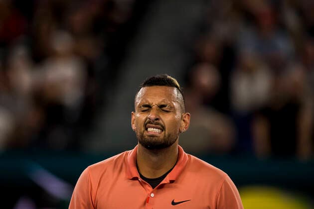 MELBOURNE, VIC - JANUARY 27: Nick Kyrgios of Australia shows his frustration after losing a point during the fourth round of the 2020 Australian Open on January 27 2020, at Melbourne Park in Melbourne, Australia. (Photo by Jason Heidrich Icon Sportswire) TENNIS: JAN 27 Australian Open Icon2001271848