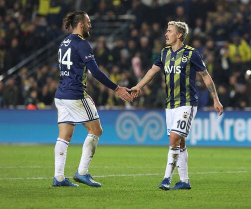 Max Kruse and Vedat Muriqi of Fenerbahce during the Turkish Super league football match between Fenerbahce and Basaksehir at Ulker Stadium in Istanbul , Turkey on January 25 , 2020. 