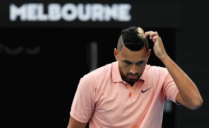(200127) -- MELBOURNE, Jan. 27, 2020 -- Nick Kyrgios of Australia competes during the men s singles match against Rafael Nadal of Spain at the Australian Open tennis championship in Melbourne, Australia on Jan. 27, 2020. ) (SP)AUSTRALIA-MELBOURNE-TENNIS-AUSTRALIAN OPEN-DAY 8 ZhuxHongye 