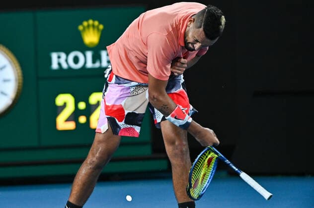 (200127) -- MELBOURNE, Jan. 27, 2020 -- Nick Kyrgios of Australia smashes the racket during the Men s Singles 4th Round match between Rafael Nadal of Spain and Nick Kyrgios of Australia at the Australian Open tennis championship in Melbourne, Australia, Jan. 27, 2020. ) (SP)AUSTRALIA-MELBOURNE-TENNIS-AUSTRALIAN OPEN-DAY 8 ZhuxWei 