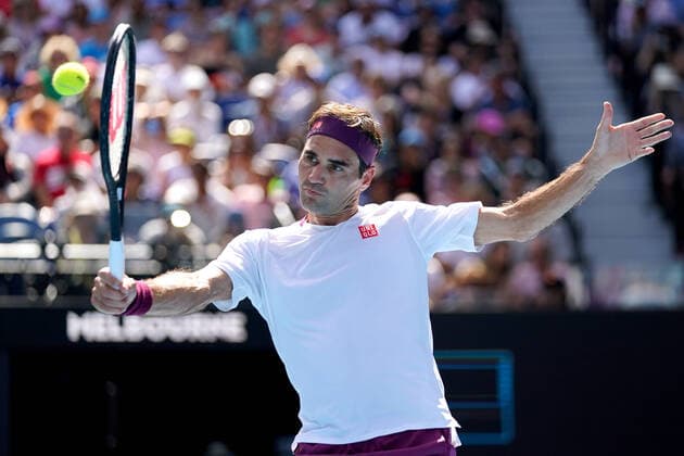 AUSTRALIAN OPEN DAY 9, Roger Federer of Switzerland plays a return shot during his fifth round match against Tennys Sandgren of the USA on day nine of the Australian Open tennis tournament at Rod Laver Arena in Melbourne, Tuesday, January 28, 2020. ( NO ARCHIVING, EDITORIAL USE ONLY, NO USE IN BOOKS WITHOUT CONSENT MELBOURNE VIC AUSTRALIA  Copyright: xMICHAELxDODGEx 20200128001445150420