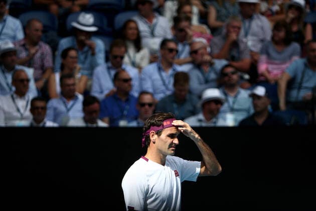 AUSTRALIAN OPEN DAY 9, Roger Federer of Switzerland reacts during his fifth round match against Tennys Sandgren of the USA on day nine of the Australian Open tennis tournament at Rod Laver Arena in Melbourne, Tuesday, January 28, 2020. ( NO ARCHIVING, EDITORIAL USE ONLY, NO USE IN BOOKS WITHOUT CONSENT MELBOURNE VIC AUSTRALIA  Copyright: xROBxPREZIOSOx 20200128001445164041