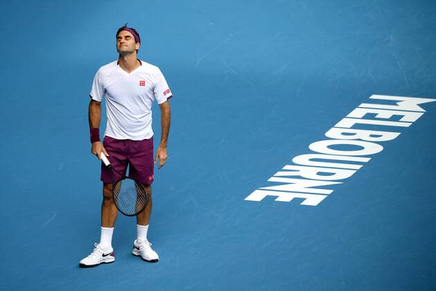 AUSTRALIAN OPEN DAY 9, Roger Federer of Switzerland reacts during his fifth round match against Tennys Sandgren of the USA on day nine of the Australian Open tennis tournament at Rod Laver Arena in Melbourne, Tuesday, January 28, 2020. ( NO ARCHIVING, EDITORIAL USE ONLY, NO USE IN BOOKS WITHOUT CONSENT MELBOURNE VIC AUSTRALIA  Copyright: xLUKASxCOCHx 20200128001445164340