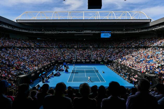 (200128) -- MELBOURNE, Jan. 28, 2020 -- Photo taken on Jan. 28, 2020 shows the men s singles quarterfinal match between Rodger Federer of Switzerland and Tennys Sandgren of the United States at the Australian Open tennis championship in Melbourne, Australia on Jan. 28, 2020. ) (SP)AUSTRALIA-MELBOURNE-TENNIS-AUSTRALIAN OPEN-DAY 9 ZhuxWei 