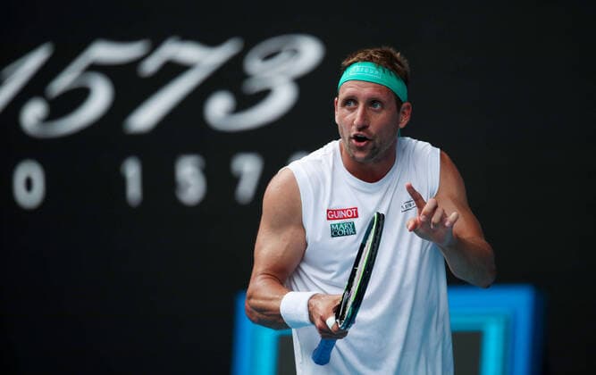 (200128) -- MELBOURNE, Jan. 28, 2020 -- Tennys Sandgren of the United States reacts during the men s singles quarterfinal match against Rodger Federer of Switzerland at the Australian Open tennis championship in Melbourne, Australia on Jan. 28, 2020. ) (SP)AUSTRALIA-MELBOURNE-TENNIS-AUSTRALIAN OPEN-DAY 9 BaixXuefei 