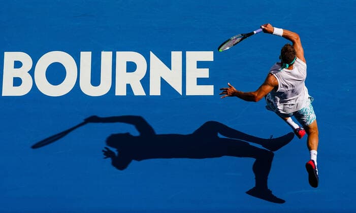 AUSTRALIAN OPEN DAY 9, Tennys Sandgren of the USA plays a return shot during his fifth round match against Roger Federer of Switzerland on day nine of the Australian Open tennis tournament at Rod Laver Arena in Melbourne, Tuesday, January 28, 2020. ( NO ARCHIVING, EDITORIAL USE ONLY, NO USE IN BOOKS WITHOUT CONSENT MELBOURNE VIC AUSTRALIA  Copyright: xSCOTTxBARBOURx 20200128001445224801