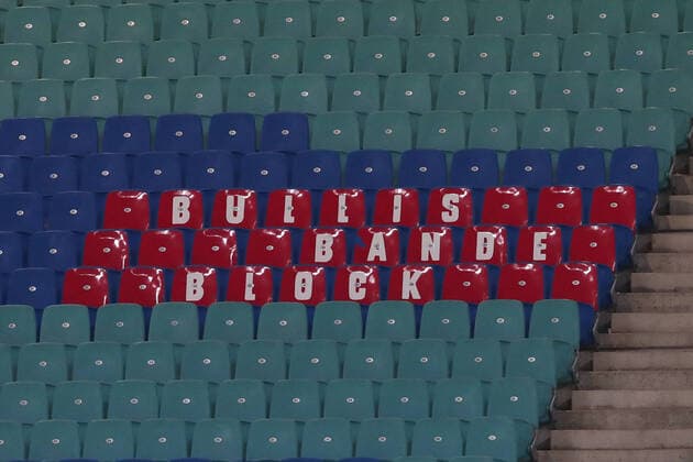 Red seats with the lettering Bullis Bande Block in the Red Bull Arena 1 Football Bundesliga season 2019 2020 RasenBallsport Leipzig vs 1 FC Union Berlin in the Red Bull Arena in Leipzig Football,Germany,18 01 2020