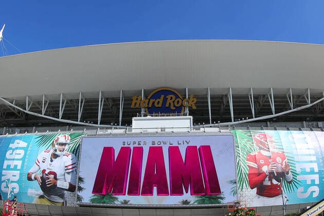 MIAMI, FL - JANUARY 28: A general view of the outside of Hard Rock Stadium during Super Bowl week on January 28, 2020 in Miami Gardens, FL. (Photo by Rich Graessle PPI Icon Sportswire) NFL, American Football Herren, USA JAN 28 Super Bowl Hard Rock Stadium Icon200128488