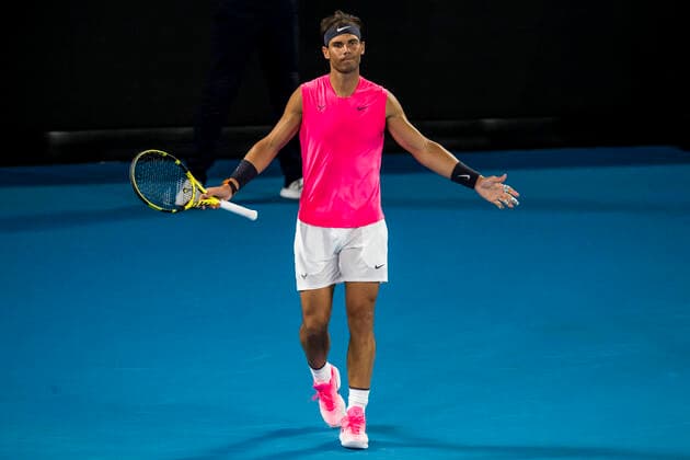 MELBOURNE, VIC - JANUARY 29: Rafael Nadal of Spain shows his frustration during the quarterfinals of the 2020 Australian Open on January 29 2020, at Melbourne Park in Melbourne, Australia. (Photo by Jason Heidrich Icon Sportswire) TENNIS: JAN 29 Australian Open Icon20012913910
