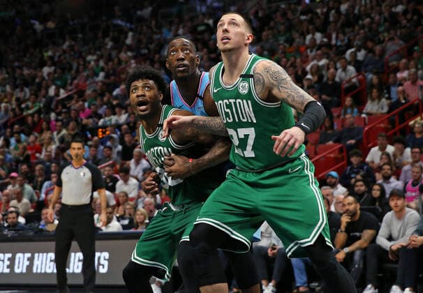 January 28, 2020, Miami, FL, USA: Miami Heat center Bam Adebayo (13) fight for position under the basket against Boston Celtics guard Marcus Smart (36) and Daniel Theis (27) in the fourth quarter of an NBA, Basketball Herren, USA basketball regular season game at the AmericanAirlines Arena on Tuesday, January 28, 2020 in Miami. Boston Celtics vs. Miami Heat - ZUMAm67_ 20200128_zaf_m67_046 Copyright: xDavidxSantiagox