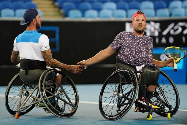 AUSTRALIAN OPEN DAY 11, Dylan Alcott (right) and Heath Davidson of Australia react during their Quad Wheelchair Doubles final against Andy Lapthorne of Great Britain and David Wagner of the USA on day11 of the Australian Open tennis tournament at Margaret Court Arena in Melbourne, Thursday, January 30, 2020. ( NO ARCHIVING, EDITORIAL USE ONLY, NO USE IN BOOKS WITHOUT CONSENT MELBOURNE VIC AUSTRALIA  Copyright: xNATASHAxMORELLOx 20200130001445654105