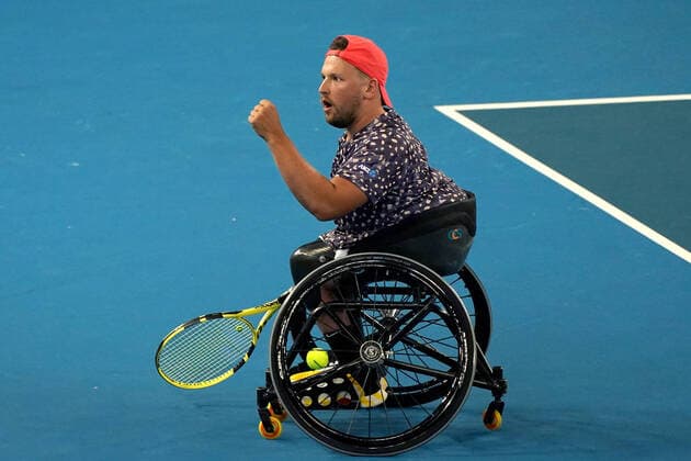 AUSTRALIAN OPEN DAY 11, Dylan Alcott of Australia gestures during his Quad Wheelchair Doubles final with Heath Davidson of Australia against Andy Lapthorne of Great Britain and David Wagner of the USA on day11 of the Australian Open tennis tournament at Margaret Court Arena in Melbourne, Thursday, January 30, 2020. ( NO ARCHIVING, EDITORIAL USE ONLY, NO USE IN BOOKS WITHOUT CONSENT MELBOURNE VIC AUSTRALIA  Copyright: xNATASHAxMORELLOx 20200130001445657749