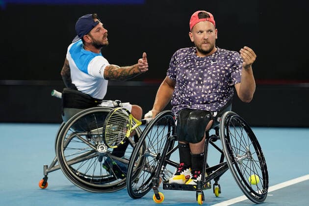 AUSTRALIAN OPEN DAY 11, Dylan Alcott (right) and Heath Davidson of Australia react during their Quad Wheelchair Doubles final against Andy Lapthorne of Great Britain and David Wagner of the USA on day11 of the Australian Open tennis tournament at Margaret Court Arena in Melbourne, Thursday, January 30, 2020. ( NO ARCHIVING, EDITORIAL USE ONLY, NO USE IN BOOKS WITHOUT CONSENT MELBOURNE VIC AUSTRALIA  Copyright: xNATASHAxMORELLOx 20200130001445658506