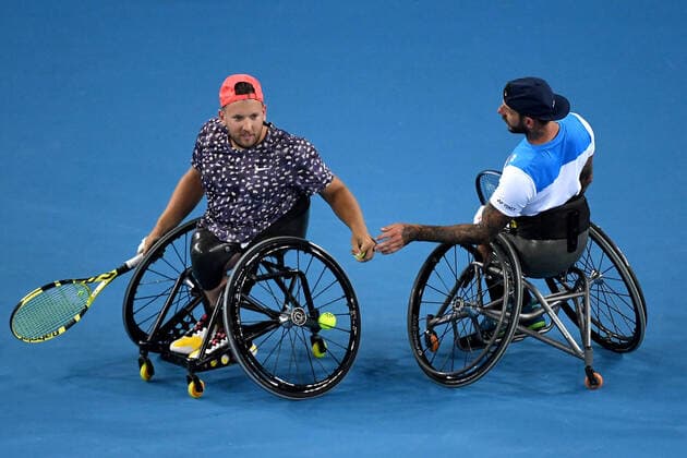 AUSTRALIAN OPEN DAY 11, Dylan Alcott (left) and Heath Davidson of Australia react during their Quad Wheelchair Doubles final against Andy Lapthorne of Great Britain and David Wagner of the USA on day11 of the Australian Open tennis tournament at Margaret Court Arena in Melbourne, Thursday, January 30, 2020. ( NO ARCHIVING, EDITORIAL USE ONLY, NO USE IN BOOKS WITHOUT CONSENT MELBOURNE VIC AUSTRALIA  Copyright: xLUKASxCOCHx 20200130001445658843