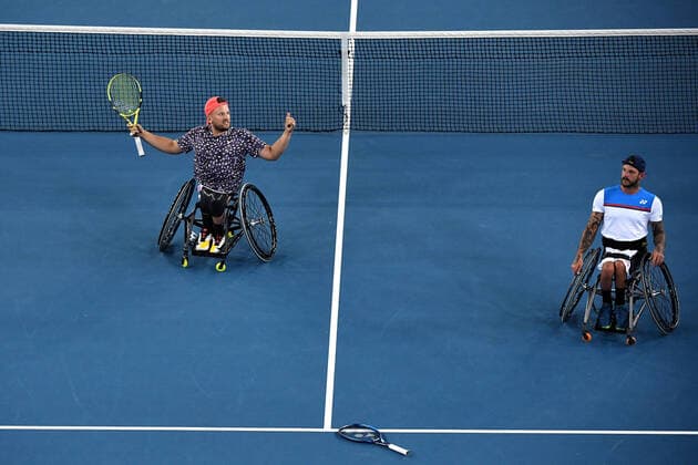 AUSTRALIAN OPEN DAY 11, Dylan Alcott (left) and Heath Davidson of Australia react after winning their Quad Wheelchair Doubles final against Andy Lapthorne of Great Britain and David Wagner of the USA on day11 of the Australian Open tennis tournament at Margaret Court Arena in Melbourne, Thursday, January 30, 2020. ( NO ARCHIVING, EDITORIAL USE ONLY, NO USE IN BOOKS WITHOUT CONSENT MELBOURNE VIC AUSTRALIA  Copyright: xLUKASxCOCHx 20200130001445659661