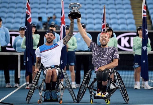 Bilder des Jahres 2020, Sport 01 Januar Sport Themen der Woche KW05 Sport Bilder des Tages AUSTRALIAN OPEN DAY 11, Dylan Alcott (right) and Heath Davidson of Australia lift the trophy after winning their Quad Wheelchair Doubles final against Andy Lapthorne of Great Britain and David Wagner of the USA on day11 of the Australian Open tennis tournament at Margaret Court Arena in Melbourne, Thursday, January 30, 2020. ( NO ARCHIVING, EDITORIAL USE ONLY, NO USE IN BOOKS WITHOUT CONSENT MELBOURNE VIC AUSTRALIA  Copyright: xLUKASxCOCHx 20200130001445660231