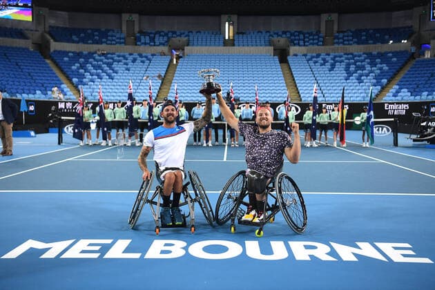 AUSTRALIAN OPEN DAY 11, Dylan Alcott (right) and Heath Davidson of Australia pose for a photograph after winning their Quad Wheelchair Doubles final against Andy Lapthorne of Great Britain and David Wagner of the USA on day11 of the Australian Open tennis tournament at Margaret Court Arena in Melbourne, Thursday, January 30, 2020. ( NO ARCHIVING, EDITORIAL USE ONLY, NO USE IN BOOKS WITHOUT CONSENT MELBOURNE VIC AUSTRALIA  Copyright: xLUKASxCOCHx 20200130001445662076