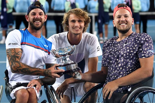 AUSTRALIAN OPEN DAY 11, Dylan Alcott (right) and Heath Davidson of Australia pose for a photograph with Alexander Zverev of Germany (centre) after winning their Quad Wheelchair Doubles final against Andy Lapthorne of Great Britain and David Wagner of the USA on day11 of the Australian Open tennis tournament at Margaret Court Arena in Melbourne, Thursday, January 30, 2020. ( NO ARCHIVING, EDITORIAL USE ONLY, NO USE IN BOOKS WITHOUT CONSENT MELBOURNE VIC AUSTRALIA  Copyright: xLUKASxCOCHx 20200130001445663215
