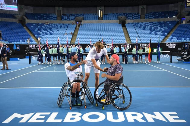 AUSTRALIAN OPEN DAY 11, Dylan Alcott (right) and Heath Davidson of Australia are greeted by Alexander Zverev of Germany (centre) after winning their Quad Wheelchair Doubles final against Andy Lapthorne of Great Britain and David Wagner of the USA on day11 of the Australian Open tennis tournament at Margaret Court Arena in Melbourne, Thursday, January 30, 2020. ( NO ARCHIVING, EDITORIAL USE ONLY, NO USE IN BOOKS WITHOUT CONSENT MELBOURNE VIC AUSTRALIA  Copyright: xLUKASxCOCHx 20200130001445667240