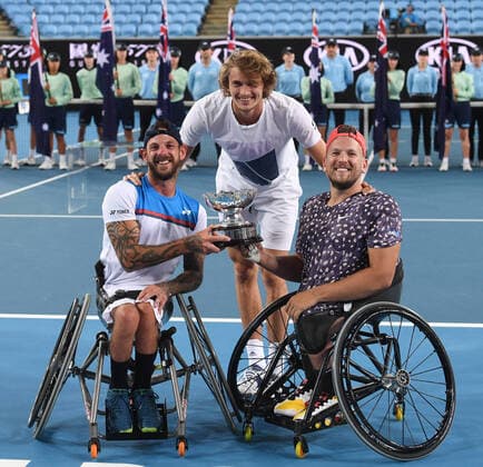 Australian Open 2020 Magret Court Arena Quad Wheelchair Doubles Final Winner Dylan Alcott ,Australia and Heath Davidson , Australia Mens Semifinalist Alexander Zverev joins the winner for a photo