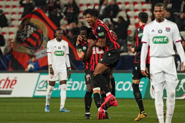 Joie - Adam Ounas (OGC Nice) - Stanley NSoki (OGC Nice) - Khephren Thuram (OGC Nice) FOOTBALL : OGC Nice vs Lyon - Coupe de France - Nice - 30 01 2020 NorbertScanella PanoramiC 