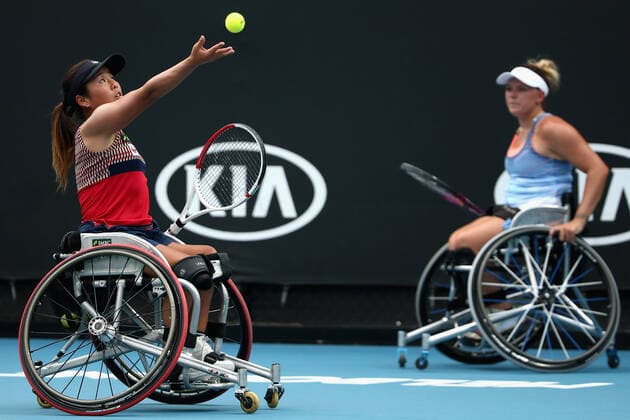 AUSTRALIAN OPEN DAY 12, Yui Kamiji of Japan serves during her wheelchair doubles final with Jordanne Whiley of Great Britain against Diede De Groot of the Netherlands and Anieke Van Koot of the Netherlands during day 12 of the Australian Open tennis tournament in Melbourne, Friday, January 31, 2020. ( NO ARCHIVING, EDITORIAL USE ONLY, NO USE IN BOOKS WITHOUT CONSENT MELBOURNE VIC AUSTRALIA  Copyright: xROBxPREZIOSOx 20200131001445872790