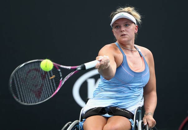AUSTRALIAN OPEN DAY 12, Jordanne Whiley of Great Britain plays a forehand during her wheelchair doubles final with Kamiji of Japan against Diede De Groot of the Netherlands and Anieke Van Koot of the Netherlands during day 12 of the Australian Open tennis tournament in Melbourne, Friday, January 31, 2020. ( NO ARCHIVING, EDITORIAL USE ONLY, NO USE IN BOOKS WITHOUT CONSENT MELBOURNE VIC AUSTRALIA  Copyright: xROBxPREZIOSOx 20200131001445873723