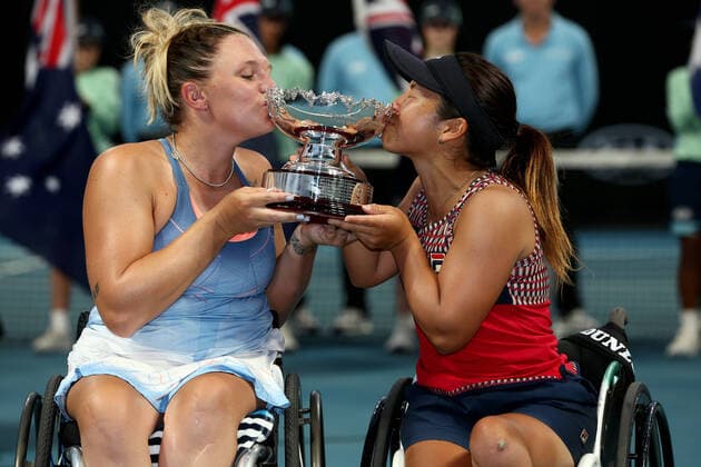 AUSTRALIAN OPEN DAY 12, Jordanne Whiley of Great Britain and Yui Kamiji of Japan pose for photographs after winning their wheelchair doubles final against Diede De Groot of the Netherlands and Anieke Van Koot of the Netherlands during day 12 of the Australian Open tennis tournament in Melbourne, Friday, January 31, 2020. ( NO ARCHIVING, EDITORIAL USE ONLY, NO USE IN BOOKS WITHOUT CONSENT MELBOURNE VIC AUSTRALIA  Copyright: xROBxPREZIOSOx 20200131001445912860