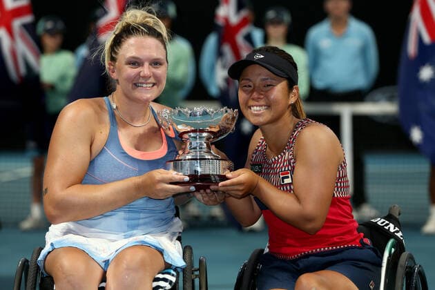 AUSTRALIAN OPEN DAY 12, Jordanne Whiley of Great Britain and Yui Kamiji of Japan pose for photographs after winning their wheelchair doubles final against Diede De Groot of the Netherlands and Anieke Van Koot of the Netherlands during day 12 of the Australian Open tennis tournament in Melbourne, Friday, January 31, 2020. ( NO ARCHIVING, EDITORIAL USE ONLY, NO USE IN BOOKS WITHOUT CONSENT MELBOURNE VIC AUSTRALIA  Copyright: xROBxPREZIOSOx 20200131001445912940