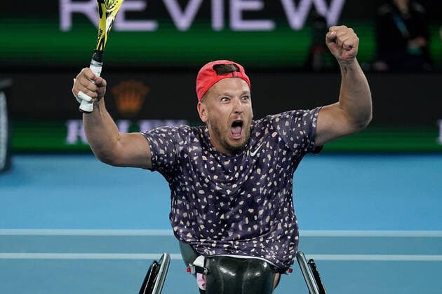 AUSTRALIAN OPEN DAY 13, Dylan Alcott of Australia celebrates after winning the men s Quad Wheelchair singles final against Andy Lapthorne of Great Britain on day 13 of the Australian Open tennis tournament at Rod Laver Arena in Melbourne, Saturday, February 1, 2020. ( NO ARCHIVING, EDITORIAL USE ONLY, NO USE IN BOOKS WITHOUT CONSENT MELBOURNE VIC AUSTRALIA  Copyright: xMICHAELxDODGEx 20200201001446063468