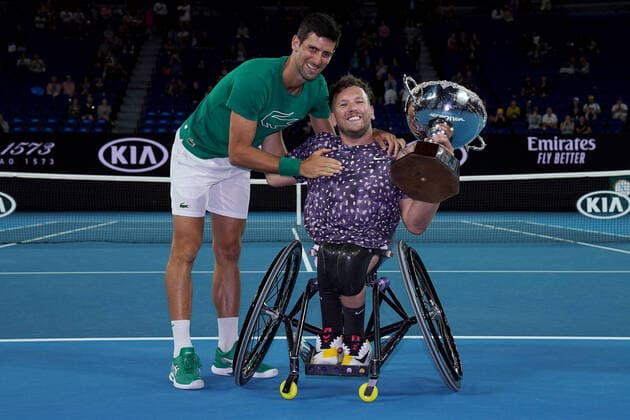 Sport Bilder des Tages AUSTRALIAN OPEN DAY 13, Dylan Alcott of Australia is congratulated by Novak Djokovic of Serbia after winning the men s Quad Wheelchair singles final against Andy Lapthorne of Great Britain on day 13 of the Australian Open tennis tournament at Rod Laver Arena in Melbourne, Saturday, February 1, 2020. ( NO ARCHIVING, EDITORIAL USE ONLY, NO USE IN BOOKS WITHOUT CONSENT MELBOURNE VIC AUSTRALIA  Copyright: xMICHAELxDODGEx 20200201001446065505