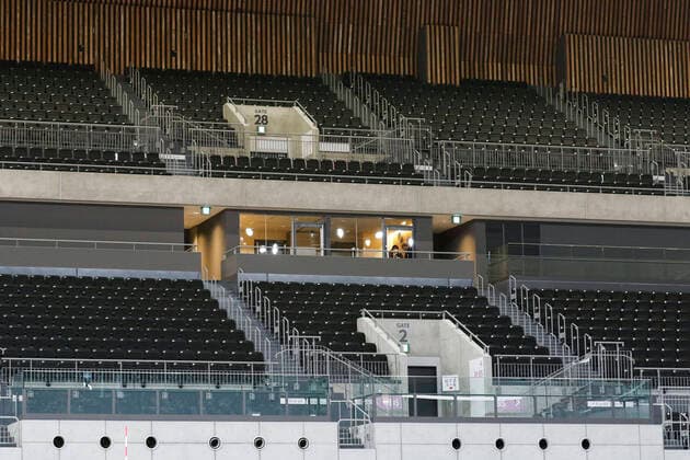 A view of the interior of Ariake Arena with capacity for 15,000 seats approx. is seen during the Grand Opening Ceremony on February 2, 2020, Tokyo, Japan. The new sporting and cultural centre will host the volleyball and wheelchair basketball competitions during the Tokyo 2020 Olympic Games, Olympische Spiele, Olympia, OS NoxThirdxPartyxSales (96644629st)