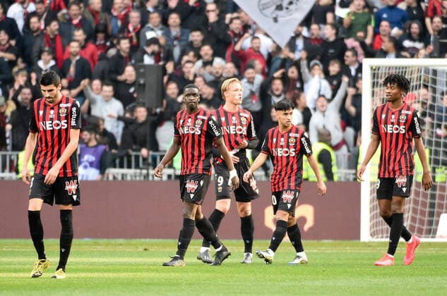 JOIE - 10 ADAM OUNAS (NICE) - 02 STANLEY NSOKI (NICE) - 09 KASPER DOLBERG (NICE) - DECEPTION FOOTBALL : Nice vs Lyon - Ligue 1 Conforama - 02 02 2020 FEP Panoramic 