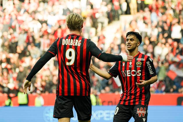 Joie - Kasper Dolberg (OGC Nice) - Adam Ounas (OGC Nice) FOOTBALL : OGC Nice vs Lyon - Ligue 1 Conforama - Nice - 02 02 2020 NorbertScanella PanoramiC 