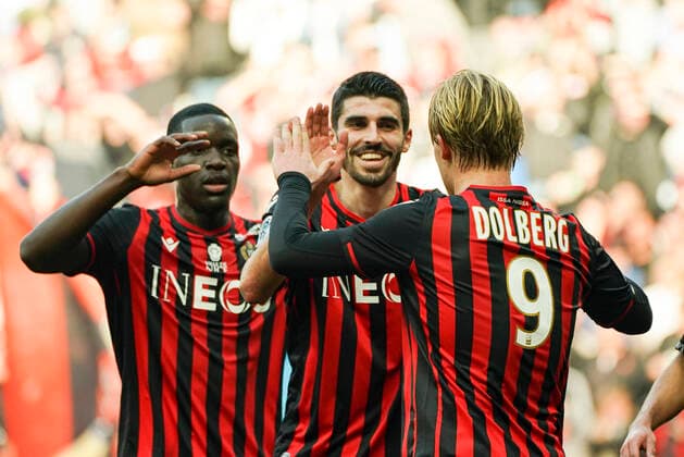 Joie - Kasper Dolberg (OGC Nice) - Pierre Lees Melou (OGC Nice) FOOTBALL : OGC Nice vs Lyon - Ligue 1 Conforama - Nice - 02 02 2020 NorbertScanella PanoramiC 